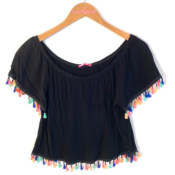 Social teen Off the Shoulder black tasseled Blouse, Sizes L - Picture 1 of 4